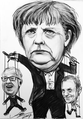 Angela Merkel - kanclerz Niemiec w karykaturze jako władczyni marionetek UE