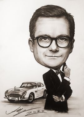 James Bond 007 & aston martin - karykatura portretowa z samochodem preznt na urodziny ze zdjęcia dla szefa - zamówienie z roku 2020