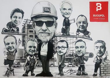 Poznań Budopol na wesoło, karykatura grupow ze zdjęcia zamówienie na prezent dla szefa prezesa firmy, przykład karykatury zbiorowej
