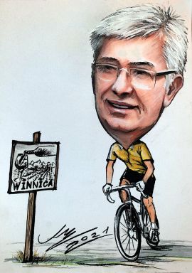 karykatura portretowa z rowerem prezent na urodziny zamówienie ze zdjęcia rysunek z 2021r