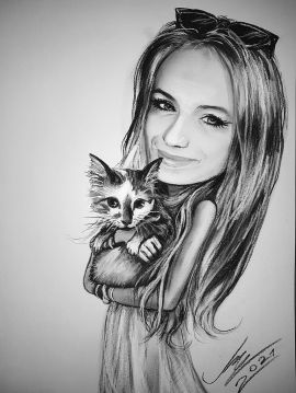 Dziewczyna z kotem - przykład czarno-białej karykatury portretowej rysunek na prezent zamówienie ze zdjęcia