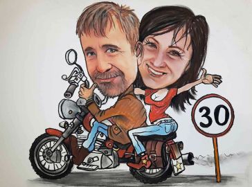 karykatura na rocznice ślubu na motorze na urodziny