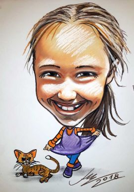 karykatury dzieci dziewczynka kotkiem - rys ze zdjęcia
