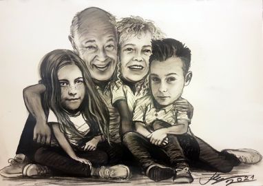 karykatura grupowa 4-osób - rodzinna portretowa, na dzień babci dziadka - prezent zamówienie ze zdjęcia