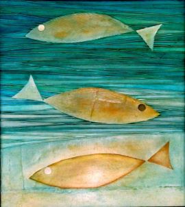 trzy ryby w wodzie - assamblage collage  obraz olejny na płycie drewnianej