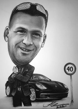 Karykatura z Porsche Panamera na prezent 40 urodziny, zamówienie ze zdjęcia (maku-art)