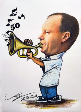 50-urodziny na wesoło - karykatura muzyka rys z trąbką