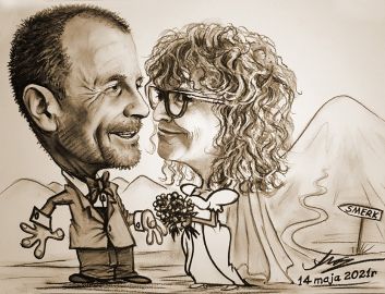 karykatura śubna 2-osobowa sepia prezent na wesele dla młodej pary