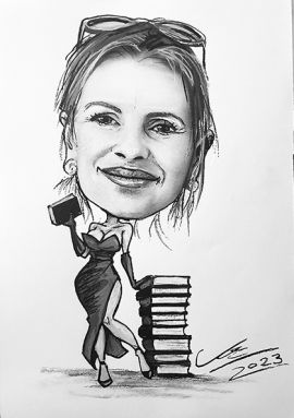 kobieta z książkami - przykład karykatury na zamówienie ze zdjęcia
