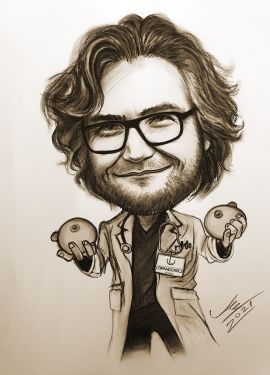 karykatura portretowa lekarza ze zdjęcia na prezent od pacjenta chirurg plastyczny, onkolog