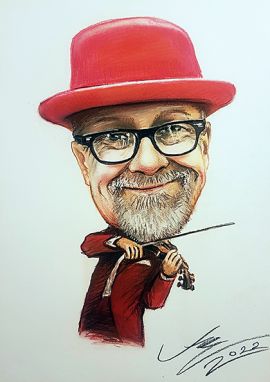 skrzypek w czerwonym meloniku - karykatura na zamówienie prezent urodziny