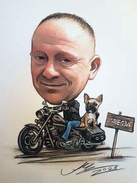 karykatura motocyklista harley i pies