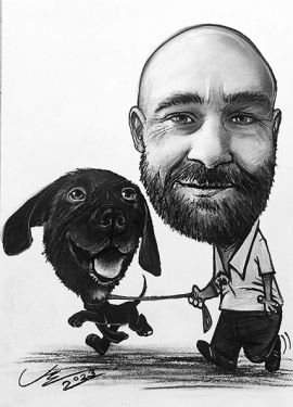 Karykatura na urodziny prezent spacer z psem zamówienie ze zdjęcia
