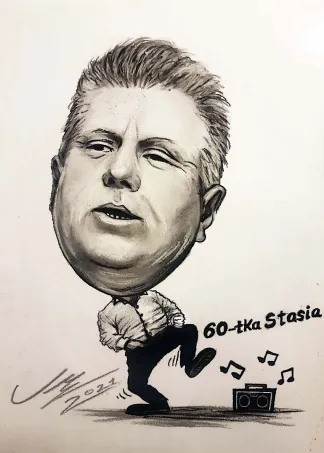 śmieszna karyaktura tańczącego faceta - rysunek na zamówienie z fotografii
