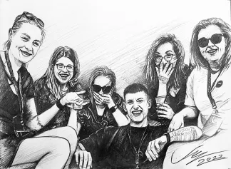 Rysunek portret 6-osobowy rysunek z fotografii Rysunek portret 6-osobowy rysunek z fotografii