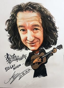 karykatura portretowa z gitarą prezent na 50-tkę zamówienie ze zdjęcia