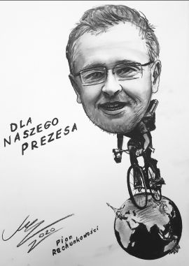 Prezent dla prezesa firmy czarno-biała karykatura z rowerem ze zdjęcia