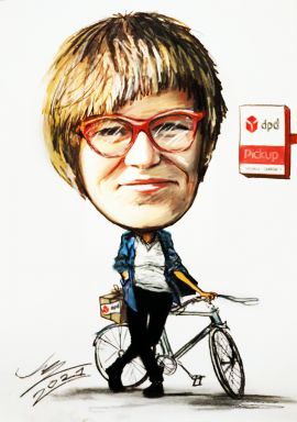 Przykłady karykatur - karykatura portretowa z rowerem na prezent urodziny zamówienie ze zdjęcia
