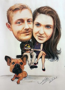 karykatura portretowa dwuosobowa z psem - wykonana na zamówienie online na podstawie zdjęcia