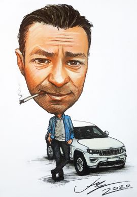 Karykatura na zamówienie z jeep-em przykład karykatury na prezent karykaturzysta maku-art