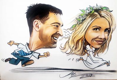 karykatury zbiorowe wieloosobowe - ślubne 2 osobowe na zamówienie - karykatura grupowa na prezent na wesele ze zdjęcia - realizacja maku-art