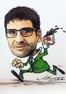 biegnący biznesmen w zielonym garniturze - rysunek ze zdjęcia (przykład karyakatury portertowej)
