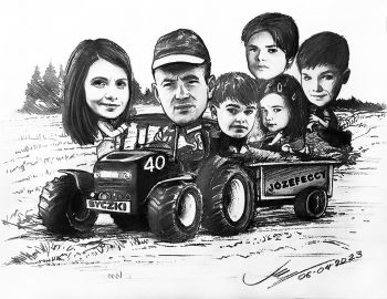 karykatura całej rodziny 6-osób i traktor